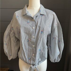 Sanctuary Blue & White Striped Button Up  Floral Embroidery Front Tie Spring Top